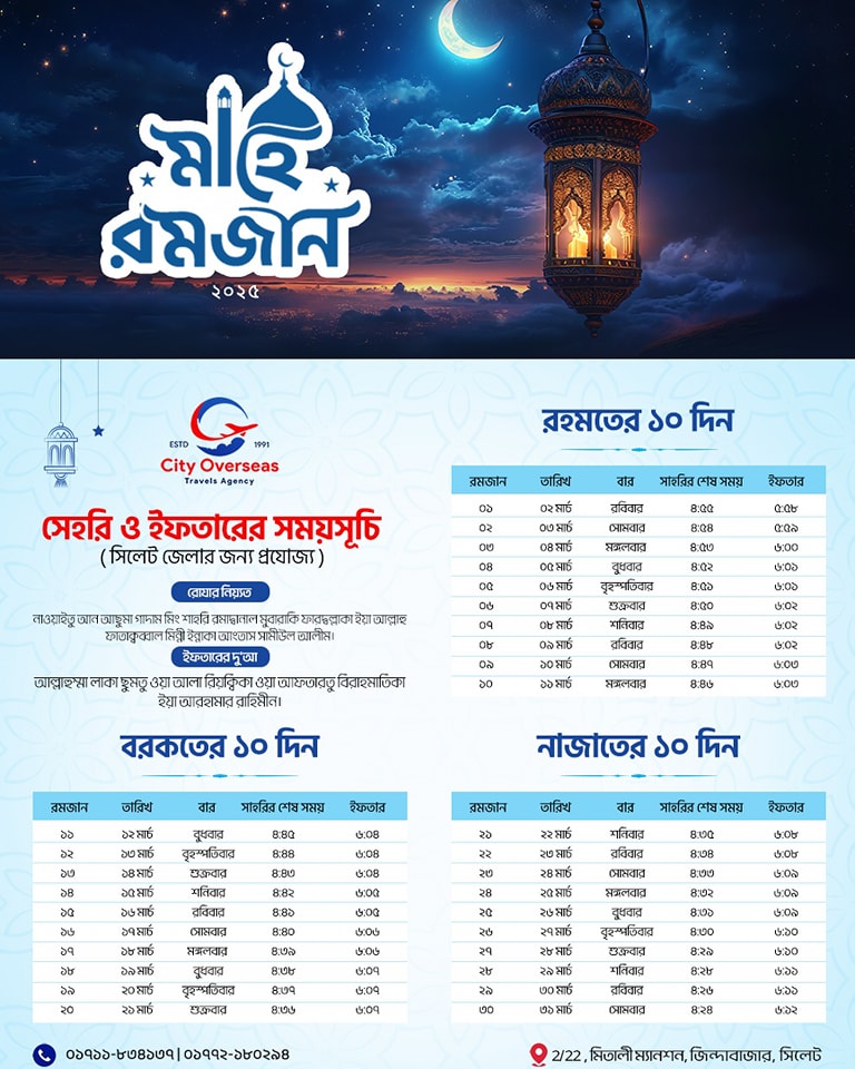 মাহে রমজান ২০২৫-এর সেহরি ও ইফতারের সময়সূচি।